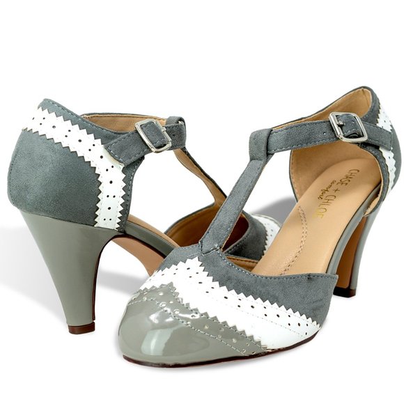 Chase & Chloe Kimmy-66 Closed Toe T-Strap Two Tone Oxford Pumps - Picture 4 of 5